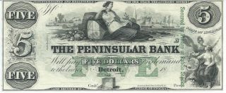 Obsolete Currency Michigan Detroit Peninsular Bank $5 18xx G8c Unissued Xf Note photo