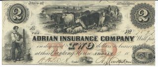 Obsolete Currency Michigan Adrian Insure Co $2 18xx A82 7597 Issued/no Date Unc photo
