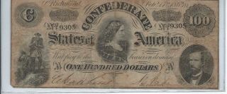 $100 Confederate States Of America Note Datedfeb 1864 Type 68 S/n 19305 photo