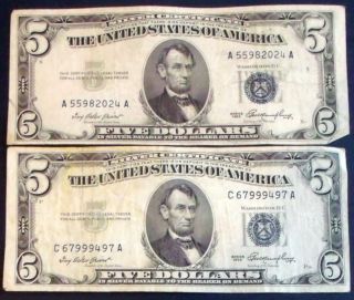 Two 1953 $5 Blue Seal Silver Certificate (c67999497a) photo