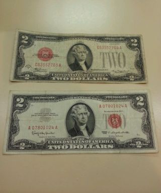 Two Red Seal $2 Notes.  1928d & 1963. photo