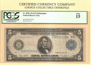 1914 $5 Philadelphia Fr 855b Federal Reserve Currency Pcgs Fine 15 photo