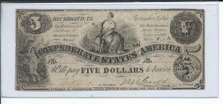 $5 Confederate States Of America Note Dated September 2,  1861 S/n 18??? photo