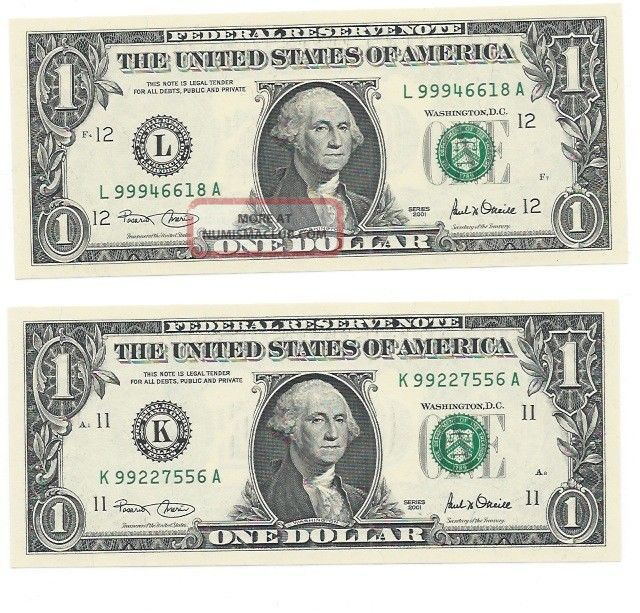 Two $1 2001 F.  R.  N.  ' S Dallas & S.  F.  Gem Cu High Number Notes From Sheets Small Size Notes photo