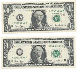 Two $1 2001 F.  R.  N.  ' S Dallas & S.  F.  Gem Cu High Number Notes From Sheets photo