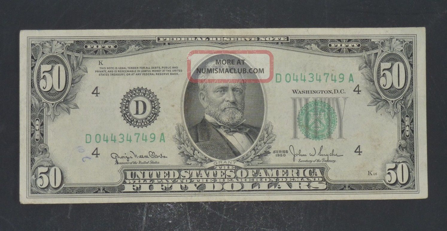 1950 $50 Fifty Dollar Bill,  Ohio S D04434749a Low Ser,  (4) 4 ' S Fancy Crisp Small Size Notes photo