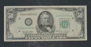 1950 $50 Fifty Dollar Bill,  Ohio S D04434749a Low Ser,  (4) 4 ' S Fancy Crisp photo