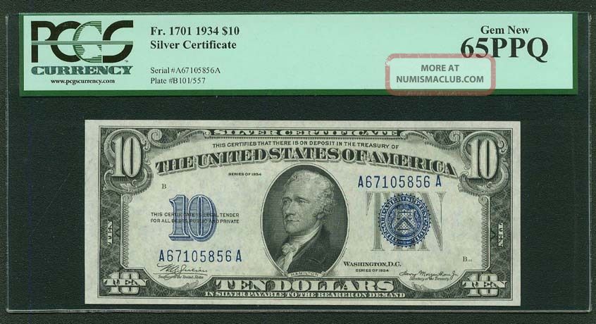 U.  S.  1934 $10 Silver Certificate Banknote Fr - 1701,  Pcgs Certified Gem 65 - Ppq Small Size Notes photo