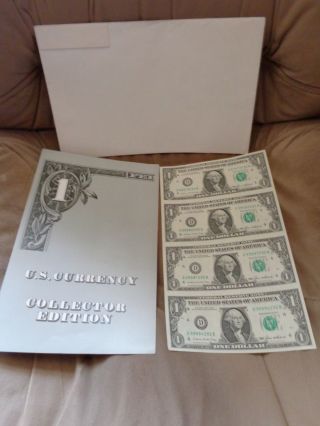1985 D Series $1 One Dollar Bills Uncut Sheet Of 4 Notes photo