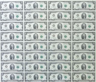 2009 $2 Uncut Sheet 32 Subject Two Dollar Bills United States Currency Money photo