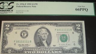 1995 $2 Federal Reserve Note With Fancy Serial 22111111 In Pcgs Gem 66ppq photo