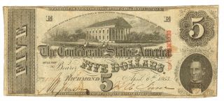 $5 1863 The Confederate States Of America Richmond More Currency 4 +a photo