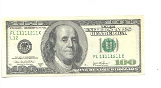 2003a $100 Hundred Dollar Note Us Bill Rare Almost Solid Serial Fl 11111211 C photo