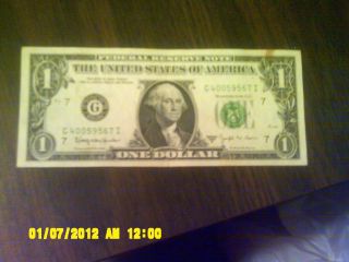 Uncirculated 1974 One Dollar Federal Reserve Note Serial G40059567i Chicago photo