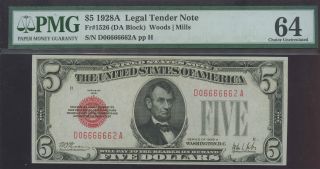 $5 1928a Red Seal Legal Tender Us Note Pmg 64 Epq Fancy Near Solid Serial photo