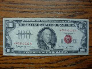 1966 Red Seal $100 Note With Lower Ser A 00242021 A Tough To Find Obsolete Note photo