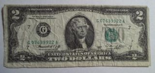 1976 G Two Dollar Bill,  $2 Chicago Green Seal,  Cut Slightly Off Center photo