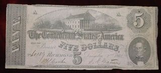 1862 $5 Confederate States Of America T - 53 Printed On Pink Paper Vf photo