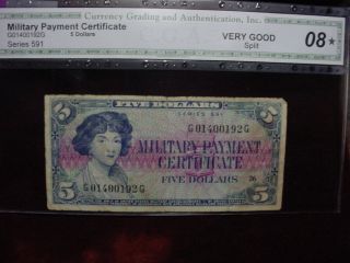 Military Payment Certificate $5 Series 591 Scarce Note Cga Very Good - 08 photo