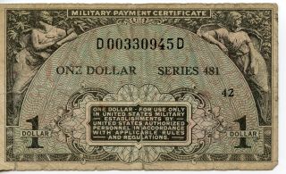 Us Mpc Military Payment Certificate Series 481 $1.  00 42 D00330945d Has A Tear. photo