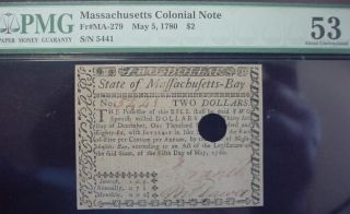 May,  5 1780 Massachusetts $2 Dollars Fr - Ma - 279 Pmg About Uncirculated 53 photo
