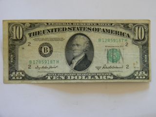1950b Ten Dollar ($10.  00) Federal Reserve B Series Note With Miscut Border photo