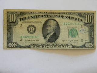 1950c Ten Dollar ($10.  00) Federal Reserve B Series Note With Low Low Serial photo