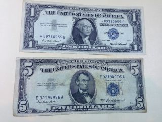 1957 $1 Star And 1953a $5 Dollar Silver Certificate photo