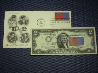 1976 $2 Dollar Bill First Day Of Issue Valentine`s Day Stamped With A Cachet photo