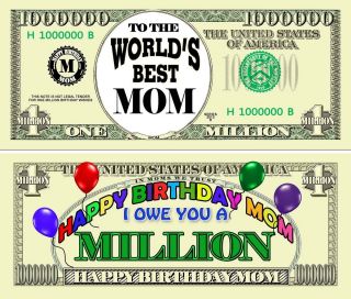 Happy Birthday Mom Million Dollar Bill Gifts Greeting Cards Parties Fake Money photo