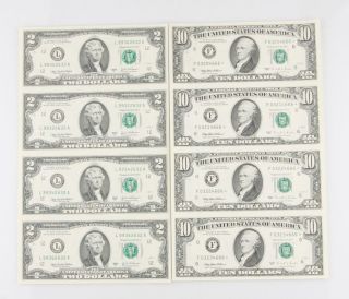 Two Sheets Of Four (4) Uncut Bills: 2003 $10 Star Notes And 2003 $2 Notes photo