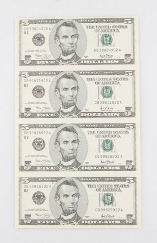 Sheets Of Four (4) Uncut 2001 $5 Bills In Laminate W/ Vinyl Folder photo