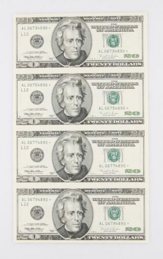 Sheets Of Four (4) Uncut 1998 $20 Star Notes In Laminate W/ Vinyl Folder photo