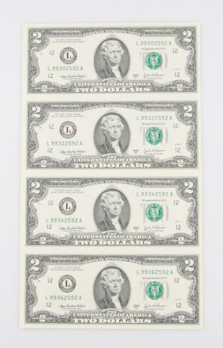 Sheets Of Four (4) Uncut 2003 $2 Bills In Laminate W/ Vinyl Folder photo