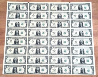 Uncut Sheet Of 32 - $1 Bills Notes Dollars Money Currency Unc Great Gift photo