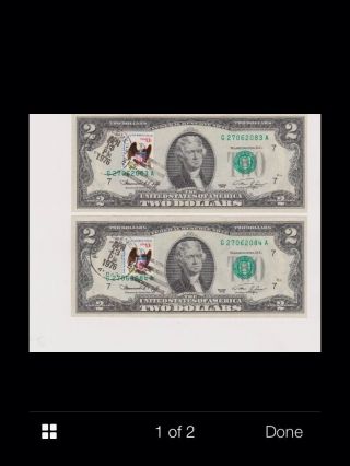 2 1976 Two Dollar Bills Consectuive Postmarked 4 - 13 - 1976unc photo