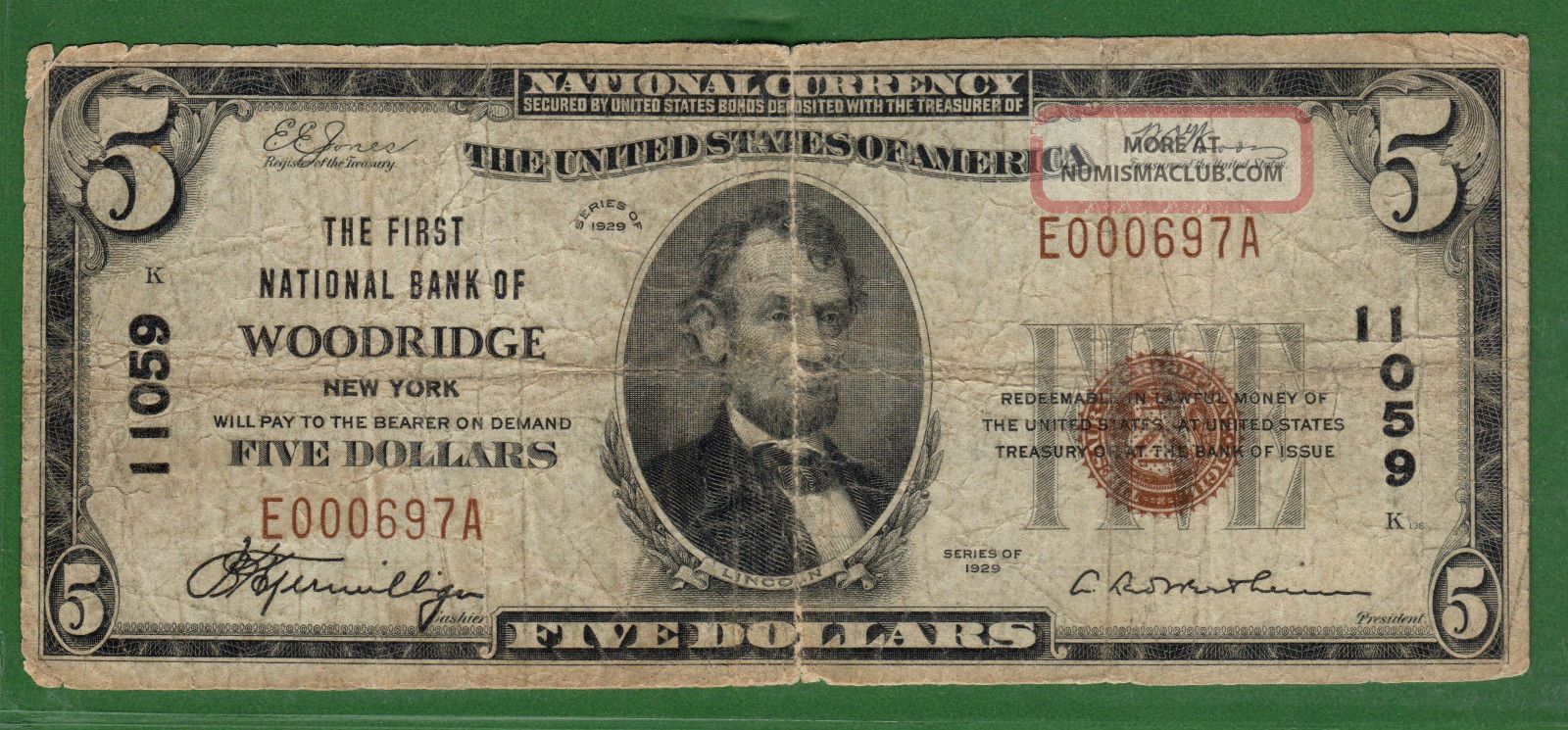 {woodridge} $5 The First Nb Of Woodridge Ny Ch 11059 Vg One Bank Town Paper Money: US photo