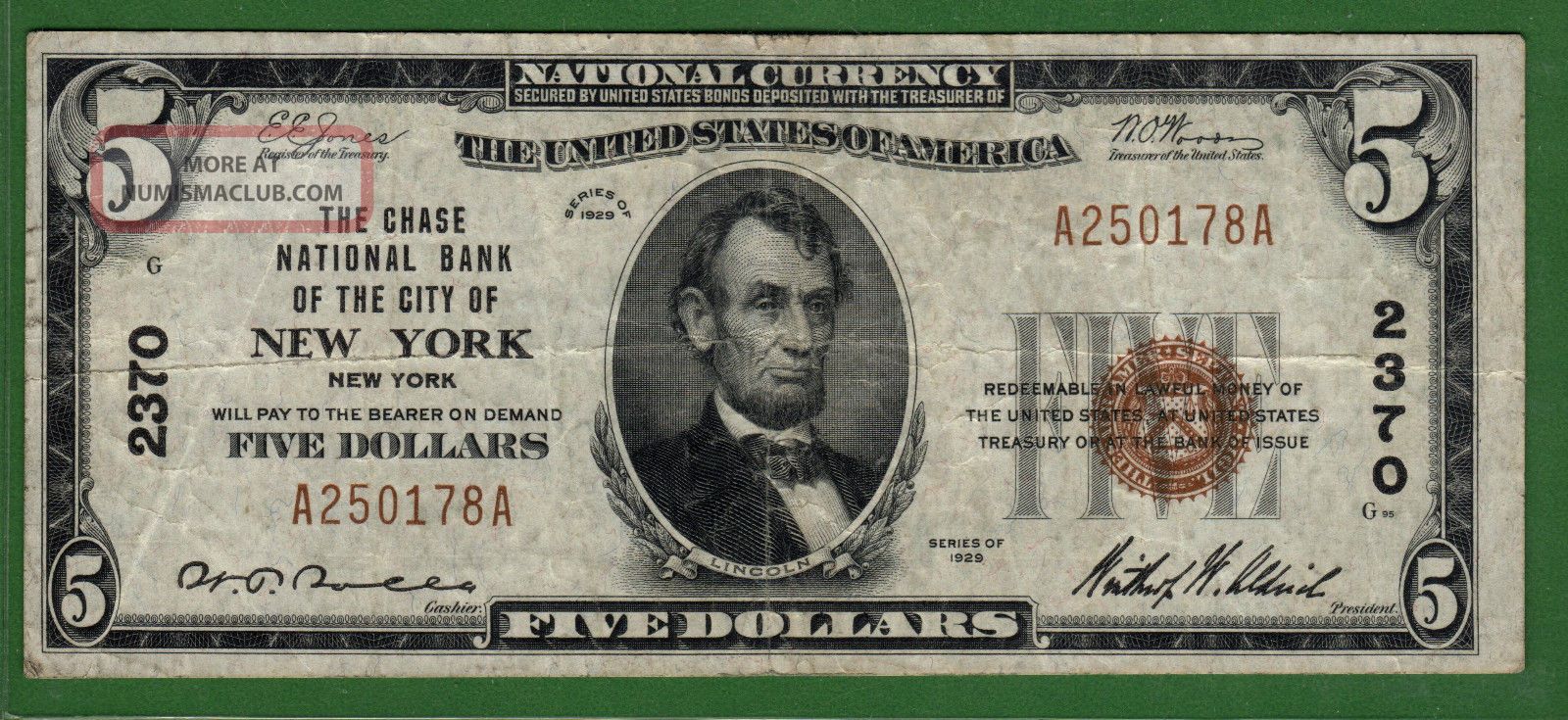 {new York} $5 The Chase Nb Of The City Of York Ny Ch 2370 Vf+ Paper Money: US photo