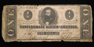 1862 $1 Dollar Confederate Paper Note Very Circulated Civil War Era photo