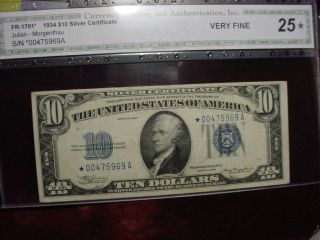 1934 $10 Silver Certificate Star Note Fr - 1701 Cga Very Fine 25 photo