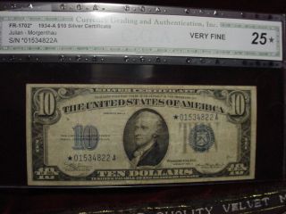 1934a $10 Silver Certificate Star Note Fr - 1702 Cga Very Fine 25 photo