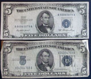 One 1953 $5 & One 1934d $5 Blue Seal Silver Certificate (v04364768a) photo
