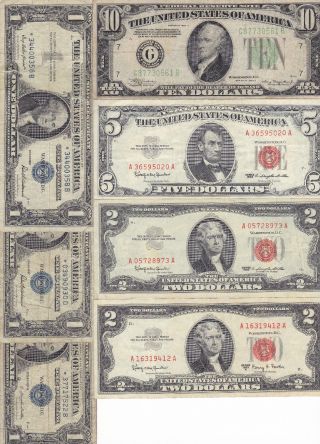Mixed Notes.  (3) 1957 Series Star Notes ; 1934a;1963,  A $10,  $5,  $2,  $1.  Frn,  Us,  Sc photo