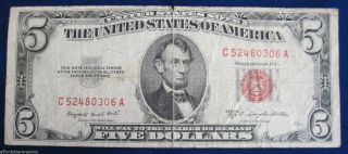 1953 B Five Dollar Red Seal United States Note Paper Money Currency (613c) photo