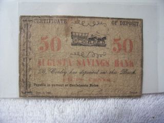 Obsolete Authentic Augusta Savings Bank 50c Certificate Of Deposit Note Ga.  1861 photo