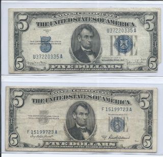1934d 1953a $5.  00 Silver Certificate Notes photo