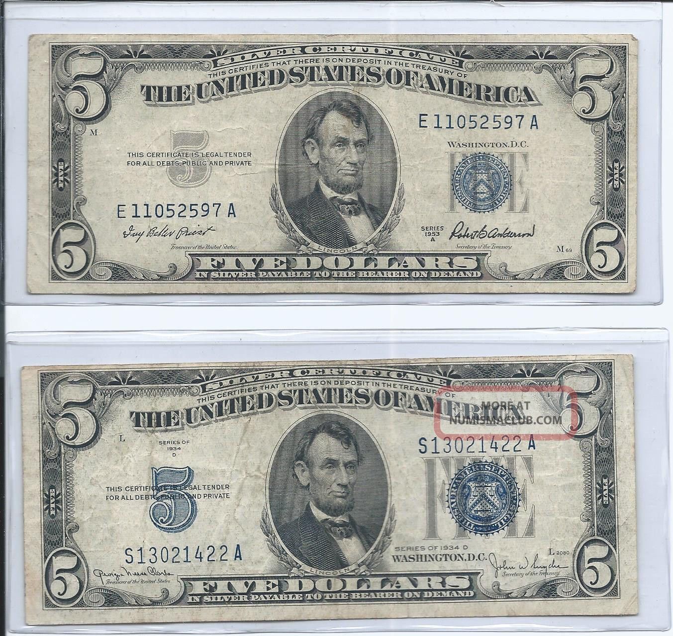 1934d 1953a $1.  00 Silver Certificates Notes Small Size Notes photo