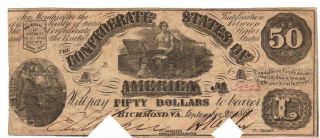 $50 1861 T - 14 Moneta & Chest Csa Richmond Va Old Confederate Paper Currency Bill photo
