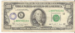 $100 One Hundred Dollars Bill Us 1990 Franklin Small Notes Us Paper Money photo