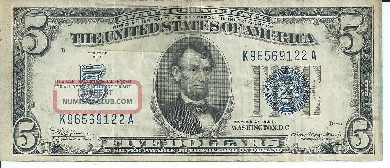 $5 Silver Certificate 1934a K - A Block Fine Blue Seal 637 - Mule 122a Small Size Notes photo